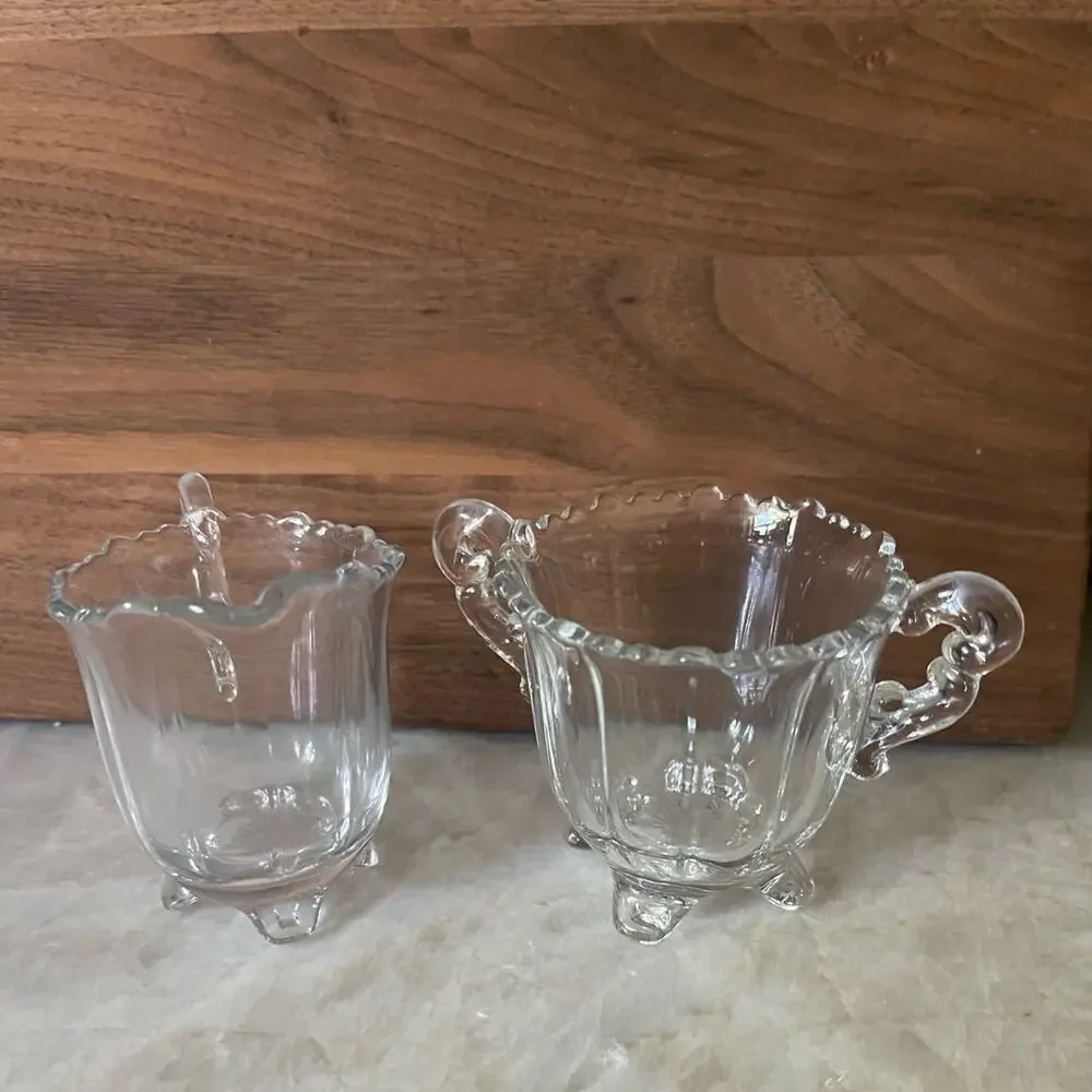 Vintage crystal  glass footed creamer and sugar set 2-1/2
